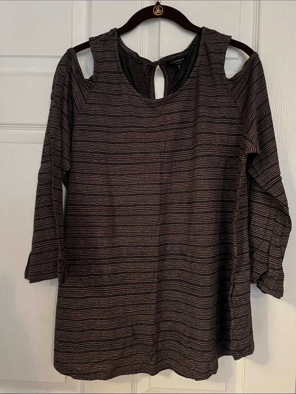 Lucky Brand Black/Tan Stripe Cold-Shoulder Women's Top NWOT